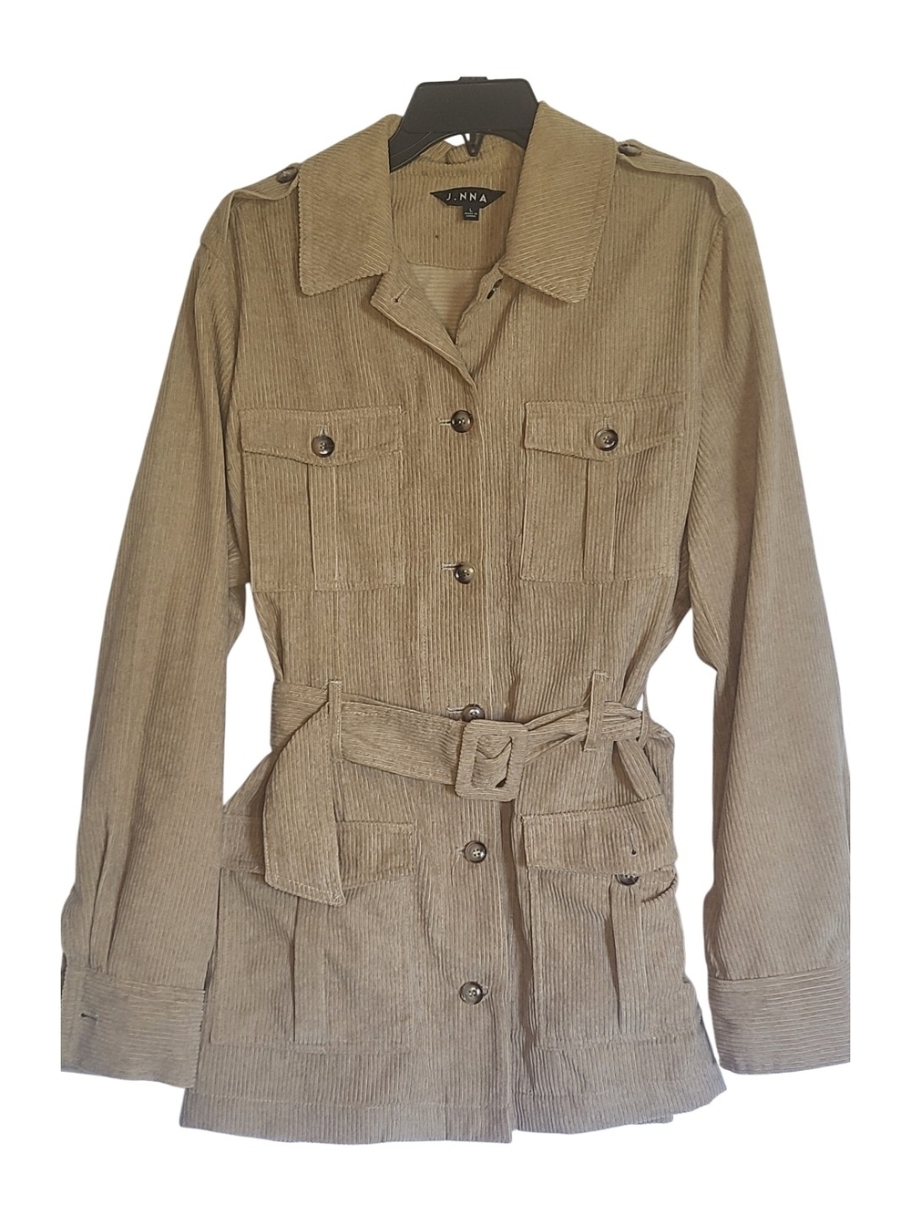 J.NNA Tan Corduroy Belted Utility Jacket Safari Cargo Trench Coat Size Large